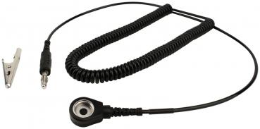 The image shows a spiral cable with a standard plug at one end and a solder lug at the other. Next to the cable lies a small clamp. Everything is in black.