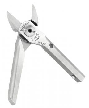 Das Bild zeigt eine kleine, metallene Zange mit scharfen, spitz zulaufenden Klingen. Die Griffe sind flach und ergonomisch geformt, ideal für präzise Arbeiten.