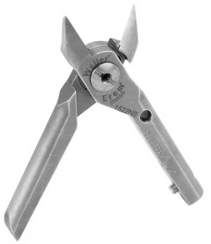Das Bild zeigt eine Zange mit zwei scharf zulaufenden Backen und einem stabilen Griff. Sie ist aus Metall und hat eine elegante, schlichte Form. Ideal zum Schneiden oder Greifen von Objekten.