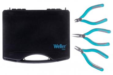 The image shows a black suitcase with a handful of tools. Next to the suitcase are three pliers with turquoise handles. The suitcase has a simple design and a handle.