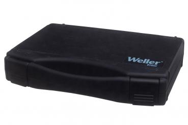 The image shows a black, rectangular suitcase with a smooth surface. On the front, there is a blue "Weller" inscription and a handle on the side for carrying.