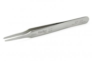 The image shows a straight, narrow pair of stainless steel tweezers. It has two pointed ends that open and close easily. Fine engravings are visible on the surface.