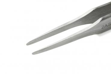 The image shows a metal tweezer. It has two long, pointed arms that taper at the end. The surface appears smooth and shiny, ideal for gripping small objects.