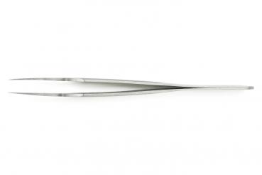 The image shows a long, slender pair of stainless steel tweezers. The tweezers have two pointed, straight ends and a narrow, smooth body that tapers in the middle.