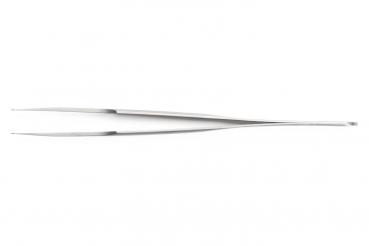 The image shows a long, narrow pair of metal tweezers. It has two elongated, tapering prongs that come together narrowly at the top. The surface is smooth and shiny.