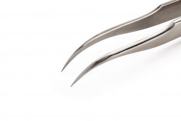 The image shows a narrow, pointed tweezer made of polished metal. It has two long, curved pincers that meet in the middle and are used for grasping small objects.
