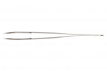 The image shows a long, narrow metal tweezer. It has sharp, slightly curved tips at both ends and a sleek, simple handle in the middle.