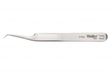 The image shows a narrow, curved tweezer made of stainless steel. It has a smooth surface and a fine tip, ideal for gripping small objects. The side reads "Weller".