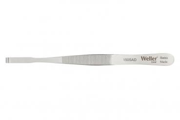 The image shows a long, slender pair of tweezers made from shiny metal with a broad, flat tip. It has a ridged surface for better grip and bears the inscription "Weller Swiss Made".