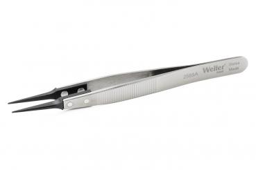This is a fine, pointed tweezer made of silver metal. It features a non-slip grip with fine grooves and two narrow, long tips for grasping small objects.