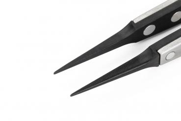 The image shows a pair of fine, pointed pliers with a black, polished head and metallic handles. The pliers are designed to grip precisely.