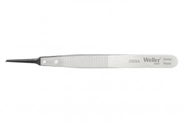 The image shows a slim, silver tweezer with a sharp, black tip. The handle has a ridged structure for better grip. The handle reads "Weller".