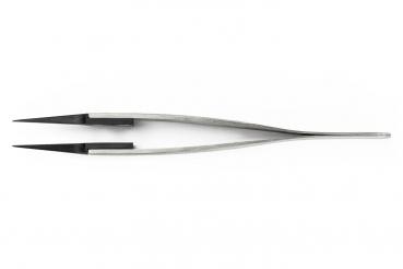 The image shows a pair of sharp, metallic pliers or tweezers. They are thin and straight, with a narrow, flat handle that splits into two pointed ends.