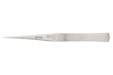 The image shows a long, narrow pair of tweezers made of shiny metal. It has a pointed, sharp tip and a flat handle with an engraved inscription.
