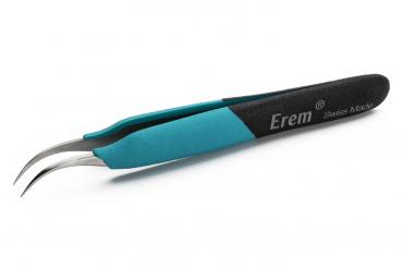 The image shows a narrow pair of tweezers with two curved tips. The handle is made of black and turquoise material, ergonomically designed for a better grip.