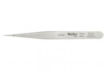 The image displays a slender, metallic tweezer with a pointed, angled tip. On the surface, the inscription "Weller" is visible, along with details about the material and manufacturing.