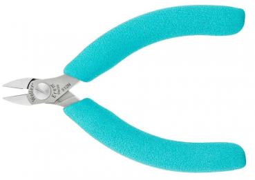 The image shows a pair of pliers with two robust, turquoise handles and a narrow, pointed cutting edge. The blades are made of shiny metal and appear precise.