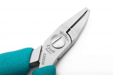 The image shows a narrow pair of pliers with a shiny, metallic head and non-slip, blue handles. The pliers have a pointed shape and are ideal for gripping and holding small objects.