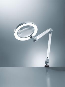 The image displays a feature-rich magnifying glass with light, mounted on a flexible, white arm. The round lamp edge ensures even illumination. The background is simple and bright.