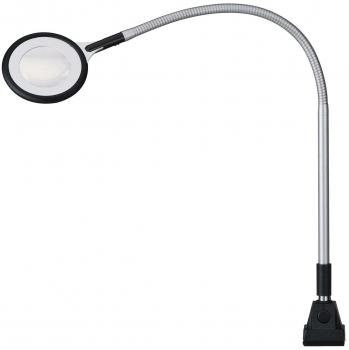The image shows a flexible magnifying glass with a round, magnifying lens. The long, bendable neck allows the magnifying glass to be positioned in various ways. There is a stable mount at the bottom.