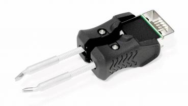 The image shows a sleek, black tool that has a USB port on one end. On both sides, there are two narrow, transparent rods attached.