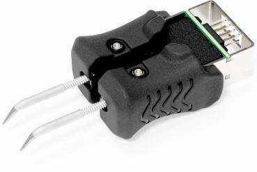 The image shows a tool with two long, thin pliers attached to a grippy, black handle. At the top, there is a connector with multiple contacts.