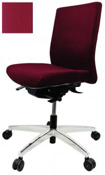 The office chair has a red cover and an ergonomic backrest. It stands on a chrome-colored base with five casters that are movable. The seat is padded.