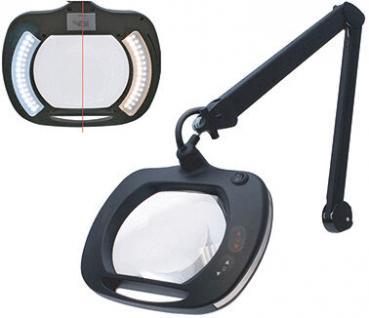The image shows a magnifying reading glass with a large, round lens and a flexible arm. It features integrated LED lights for improved visibility.