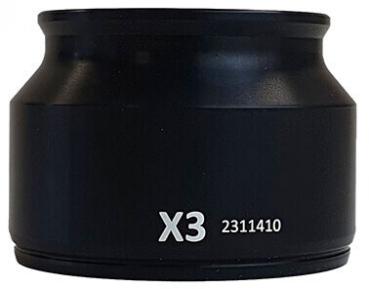 The image shows a black cylindrical lens attachment with a wide upper opening and a narrower base. On the side, it reads "X3" and a serial number.