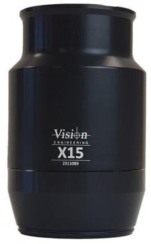 The image shows a round, black lens attachment with a smooth surface. In the center, it reads "Vision Engineering X15". The attachment has a wide base and tapers towards the top.