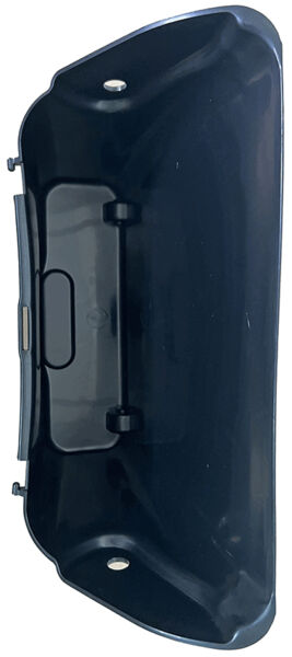 The image shows a black, curved plastic piece with two mounting holes. It has a central opening and looks like a bracket or cover.