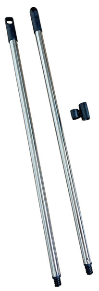 The image shows two silver, slender metal rods with black ends. Next to them is a small, black connector that possibly serves as a fastening device.