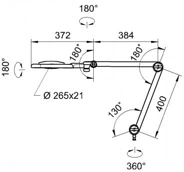 The image shows a technical drawing of an adjustable lamp. The dimensions and rotation angles are provided. The lamp features a round head and flexible arms for optimal light distribution.