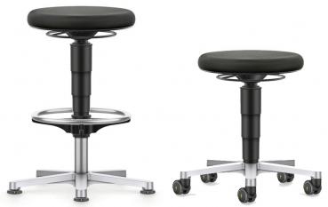 The stool has a round, black seat and an adjustable height. It stands on a stable base with five casters, which provide mobility. The casters have yellow details.