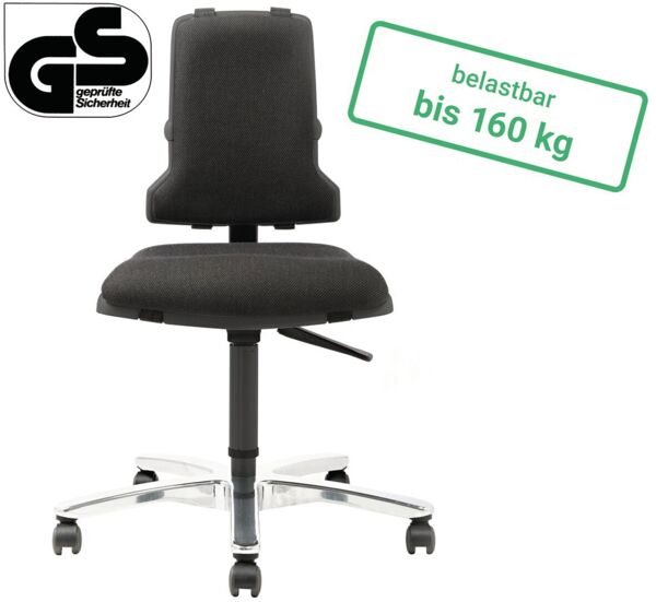 The image shows a black office chair with a high back and a wide seat. The chair is mounted on a chrome base with five casters. A label indicates a load capacity of up to 160 kg.