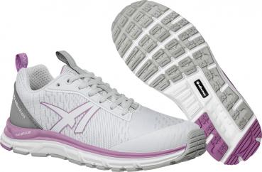 Das Bild zeigt ein Paar Laufschuhe. Sie sind überwiegend weiß mit grauen und lila Akzenten. Die Sohle hat ein rutschfestes Muster und die Schuhe sind sportlich und leicht.