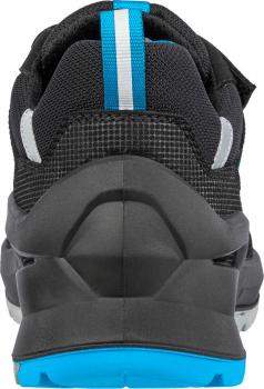 The image shows the rear view of a sporty shoe. It is primarily black with blue and white accents. The sole is wide and sturdy, with textured details.