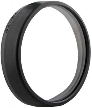 Das Bild zeigt einen schmalen, runden Ring aus schwarzem Material. Die Oberfläche ist glatt, mit einer etwas dicker wirkenden hinteren Kante. Der Ring hat einen leichten Glanz an der Innenseite.