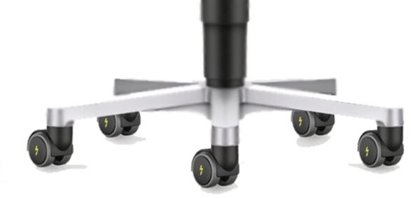 The image shows a black axle with a round tire. On the surface, there is a yellow lightning bolt symbol. The wheel has a smooth, slightly curved shape and a small container.