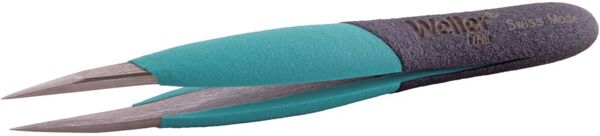 Das Bild zeigt eine feine Pinzette mit einem ergonomischen Griff. Der Griff ist grün-blau und schwarz, während die Spitzen aus glänzendem Metall bestehen. Ideal für präzises Arbeiten.