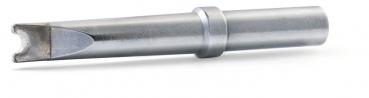 It is a metallic tool with a round handle and a narrow, serrated edge at one end. The surface is smooth and silvery, and the tool has a functional shape.