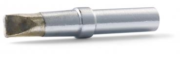 The image shows a silver flathead screwdriver. It is elongated, slightly beveled at one end, and has a shiny, metallic shaft.