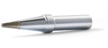 The image shows a silver, pointed pen that has a conical shape. The tip is gray-colored and narrow, while the body is round and smooth.