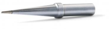 The image displays a silver, conical tool with a pointed, narrow end face and a wider, cylindrical part in the middle. It lies flat on a white surface.