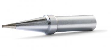 The image shows a silver pencil that tapers to a thin, sharp point. It has a smooth body and a circular, slightly raised area in the middle. The entire pencil has a metallic shine.