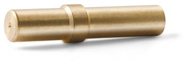 The image shows a cylindrical metal rod made from brass-colored material with a smooth surface. It has a wider, flat part at one end and a hole in the center.