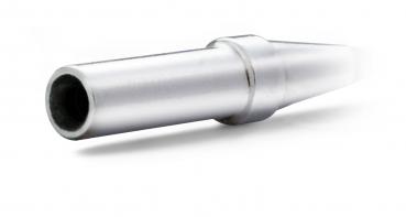 The image displays a round, silver metal part with a narrow, conical end. It has a smooth surface and is placed on a white background.