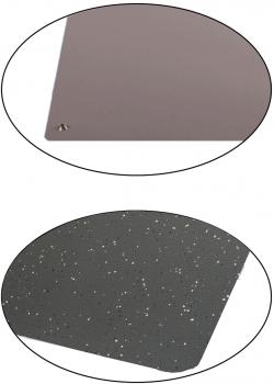 The image shows two rectangular plates. The top one is solid gray, the bottom one is dark with white, sparkling dots. Both are set against white backgrounds.