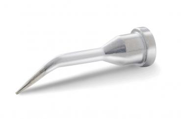 The image shows a silver, conical nozzle. It has a round, flat base and tapers to a long, pointed end. The surface is smooth and metallic.