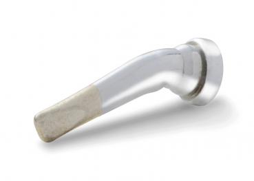 The image shows a metallic, curved part with a smooth surface. It ends in a flat, rough tip that is grayer than the rest and has a round protrusion on one side.